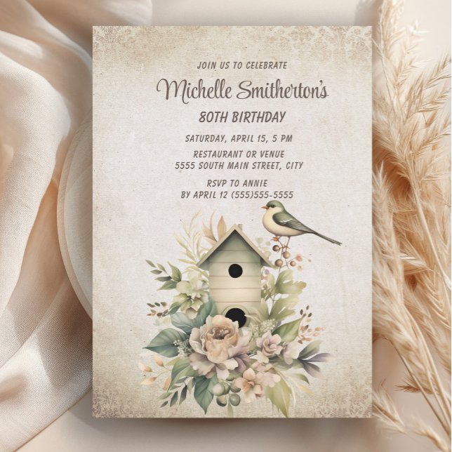 Invitation Maison d'oiseau Botanique Nature 80e Anniversaire  (Rustic, vintage birdhouse women's 80th birthday party invitation)