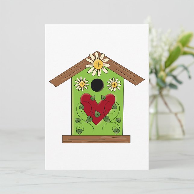 Invitation Maison d'oiseaux verte avec coeur et marguerites (Créateur téléchargé)