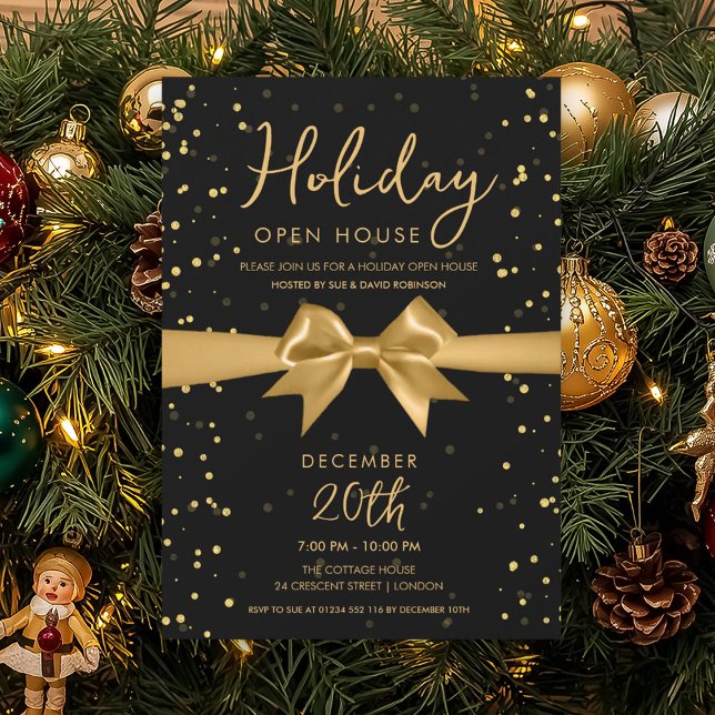 Invitation Maison élégante de vacances Maison ouverte Ruban d (Elegant Holiday Open House Gold Bow Black Invitation)