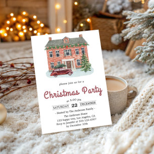 Invitation Maison en brique rouge vintage fête de Noël 