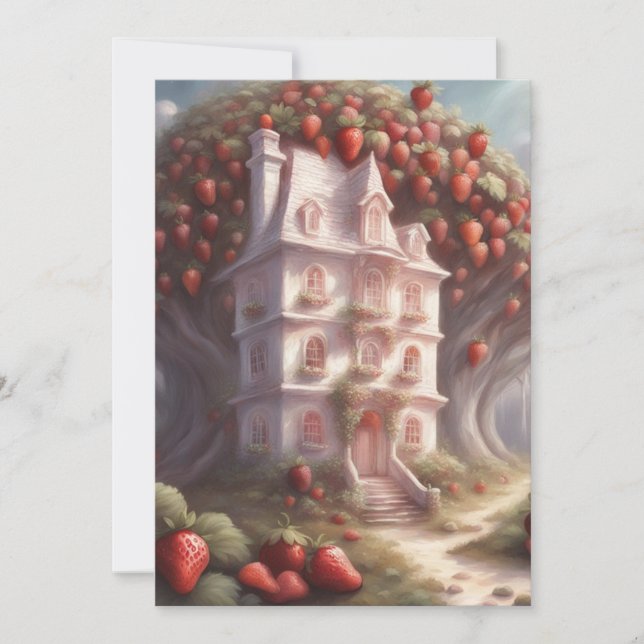 Invitation Maison en gâteau à la fraise et fête (Devant)