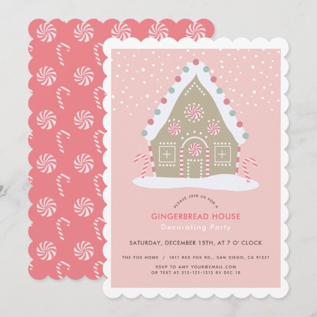 Invitation Maison en pain d'épice Décor Fête rose (Devant / Derrière)