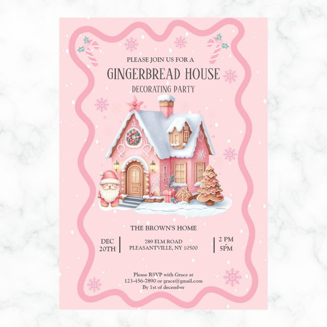 Invitation Maison en pain d'épice Décoration fête rose (Créateur téléchargé)