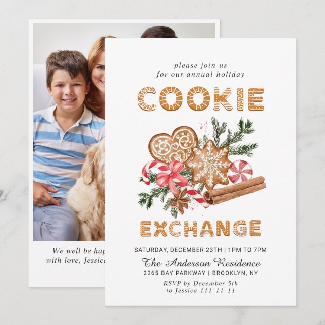 Invitation Maison en pain d'épice Échange de biscuits Noël fê (Devant / Derrière)