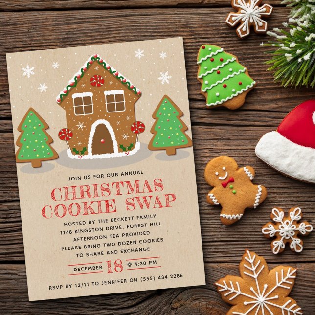 Invitation Maison en pain d'épice Échange de biscuits Noël fê (Créateur téléchargé)