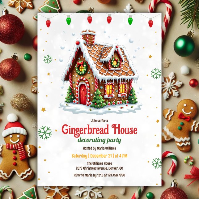Invitation Maison en pain d'épice mignonne Décoration fête de (Cute Modern Gingerbread House Decorating Christmas Party Invitation)