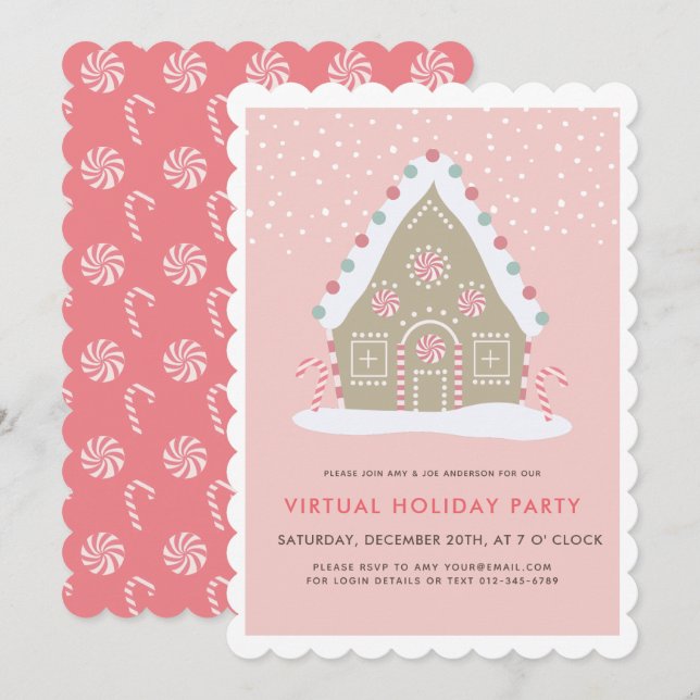 Invitation Maison en pain d'épice rose Vite virtuelle (Devant / Derrière)