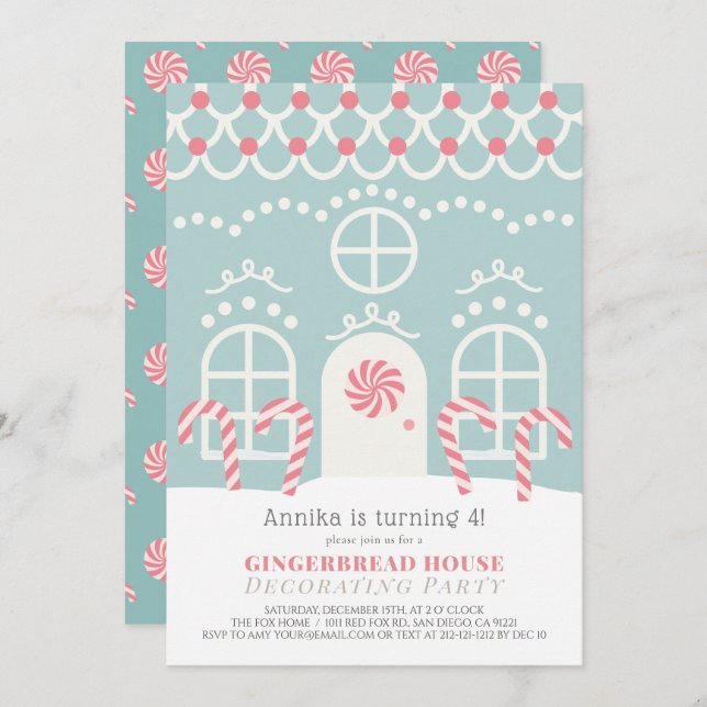 Invitation Maison en pain d'épices bleu décorer fête d'annive (Devant / Derrière)