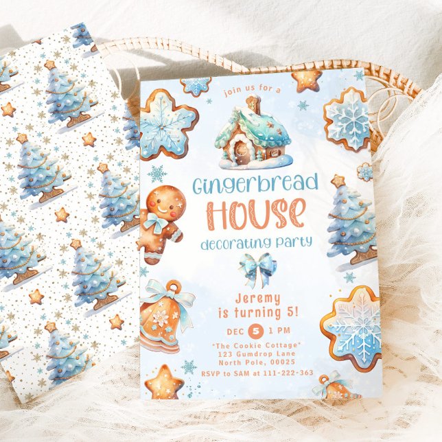 Invitation Maison en pain d'épices décorant fête bleu Anniver (Créateur téléchargé)