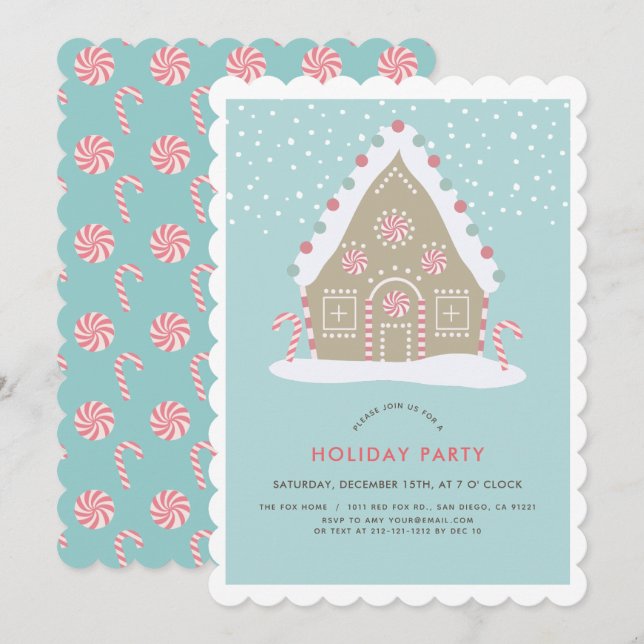 Invitation Maison en pain d'épices Fête bleue (Devant / Derrière)