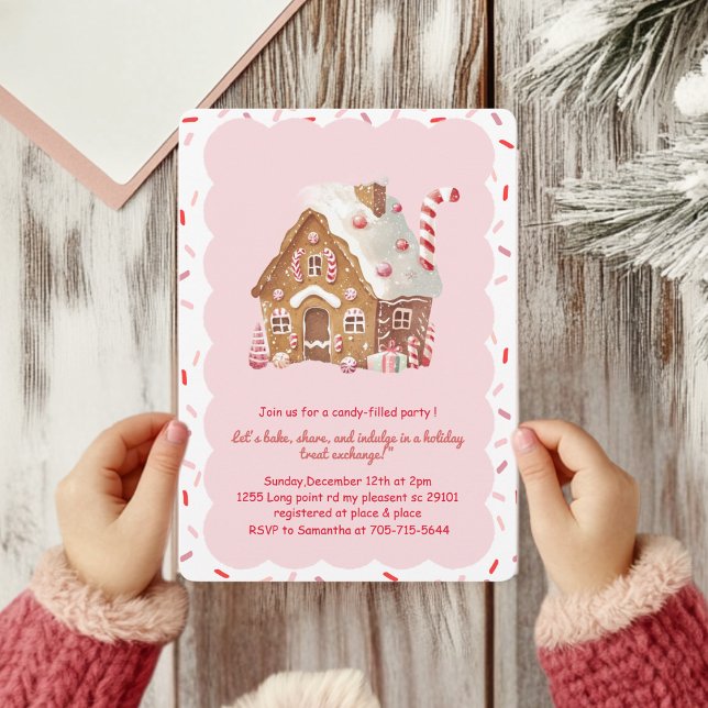 Invitation Maison en pain d'épices rose échange de biscuits (Créateur téléchargé)