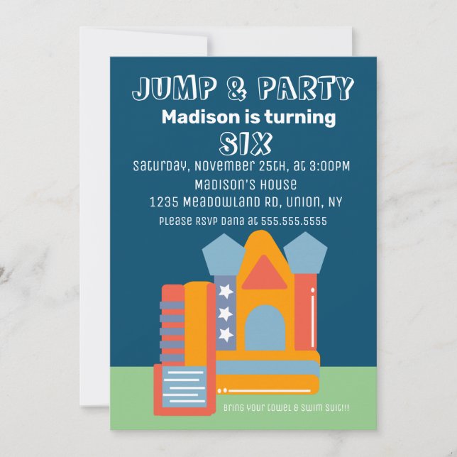 Invitation Maison Gonflable Anniversaire Bleu Sauter Rebonds  (Devant)