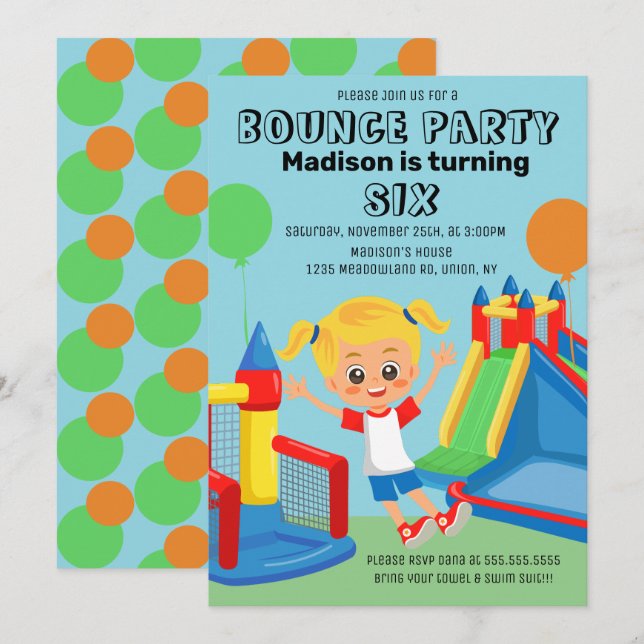 Invitation Maison Gonflable Anniversaire Saut Rebondissant Fê (Devant / Derrière)
