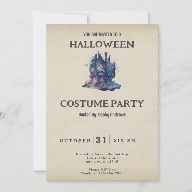 Invitation Maison Hantée Bleu Rose Vintage Halloween (Devant)