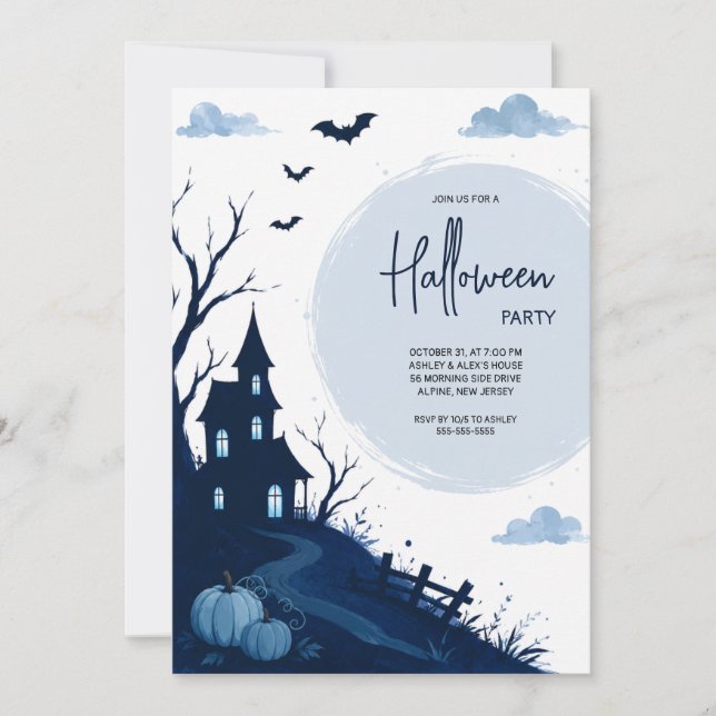 Invitation Maison Hantée Bleue Soirée Halloween  (Devant)