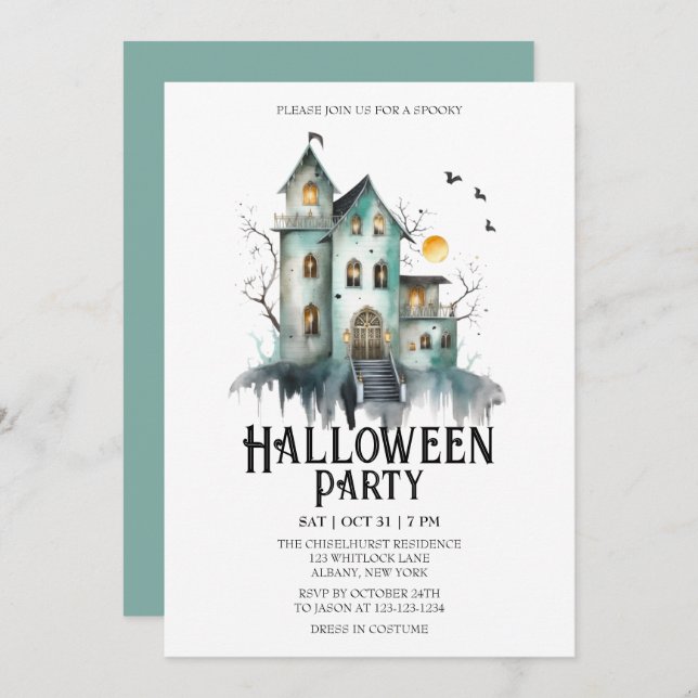 Invitation Maison hantée Éffrayant Costume Mint Halloween Par (Devant / Derrière)