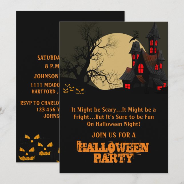Invitation Maison hantée effrayante et fête d'Halloween sous  (Devant / Derrière)