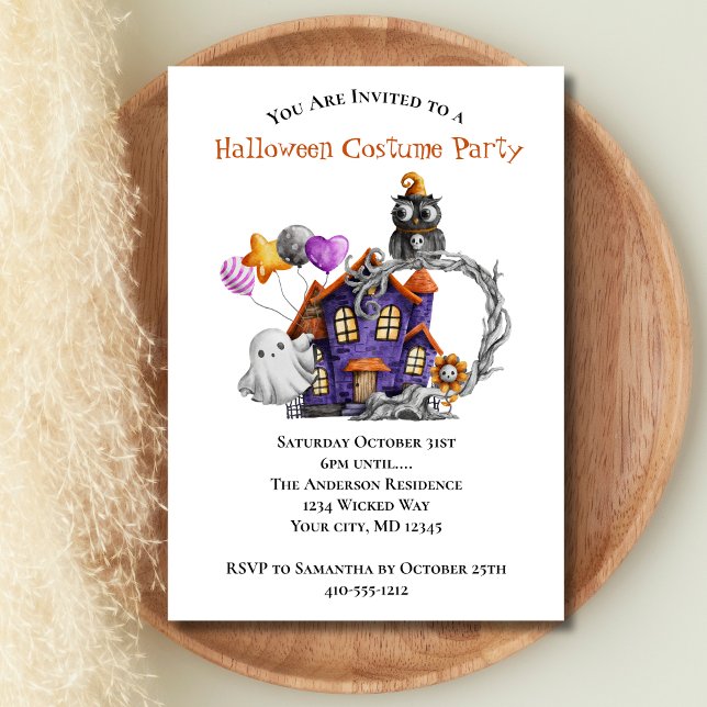 Invitation Maison Hantée Fantômes Hiboux Ballon Fête d'Hallow (Halloween Party Haunted House Ghost Owl Invitation. Printed or instant digital download)