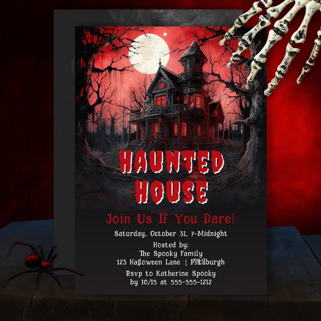 Invitation Maison hantée Halloween effrayant forêt gothique (Haunted house invitation with eerie red moon and gothic Halloween atmosphere.)
