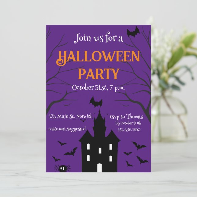 Invitation Maison hantée Halloween parti violet (Debout devant)