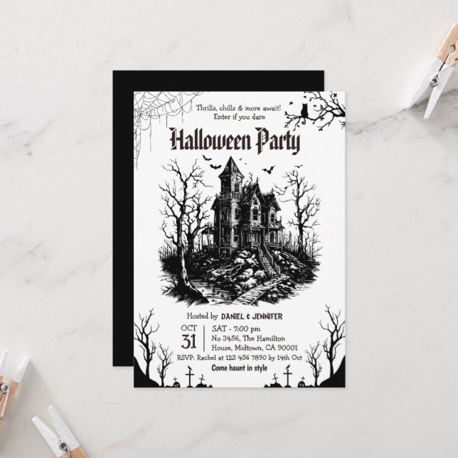 Invitation Maison hantée Halloween Party Noir Blanc Gothique (Devant/Arrière en situation)