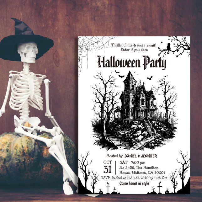 Invitation Maison hantée Halloween Party Noir Blanc Gothique (Créateur téléchargé)