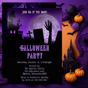 Invitation Maison Hantée Halloween Zombie Lune Violette Fête