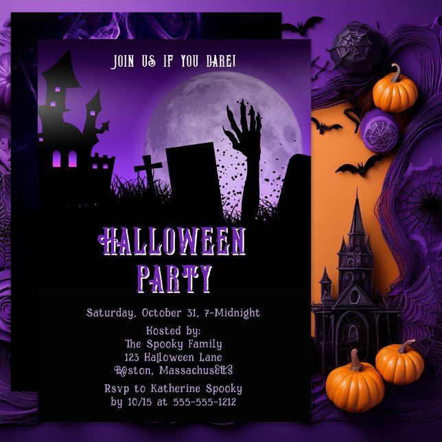 Invitation Maison Hantée Halloween Zombie Lune Violette Fête (Haunted house Halloween invitation with purple moon and spooky graveyard scene.)