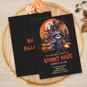 Invitation Maison hantée moderne Chat noir sorcière Halloween
