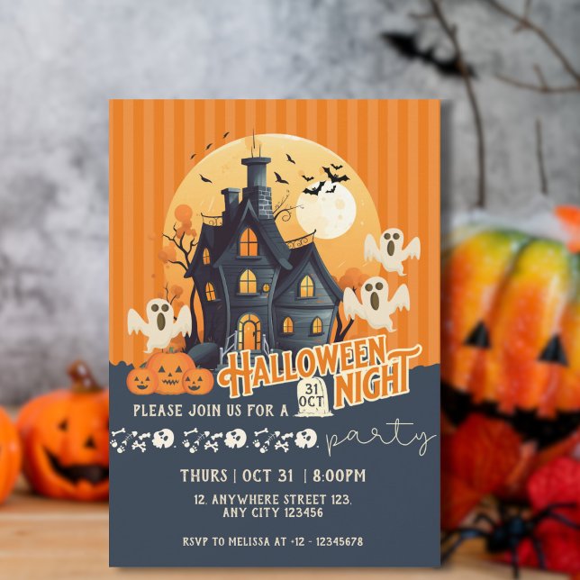 Invitation Maison hantée moderne noire et orange pour Hallowe (Créateur téléchargé)