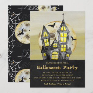 Invitation Maison hantée noire aquarelle pour fête d'Hallowee