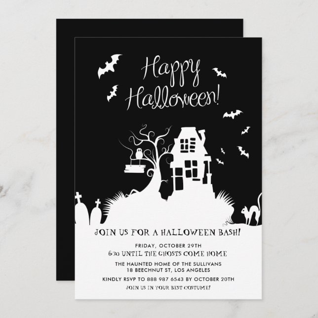 Invitation Maison hantée noire et blanche Fête d'Halloween (Devant / Derrière)