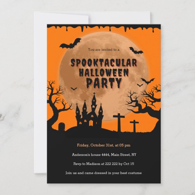 Invitation Maison hantée Orange Lune Halloween (Devant)