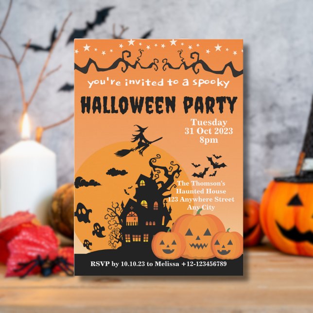 Invitation Maison hantée orange vibrant Halloween  (Créateur téléchargé)