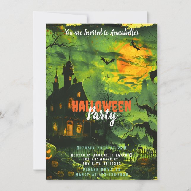 Invitation Maison Hantée Pleine Lune Citrouilles Soirée Hallo (Devant)
