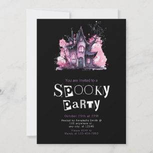Invitation Maison hantée rose et gris Fête d'Halloween