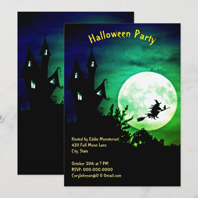 Invitation Maison Hantée Soirée Halloween Lune Sorcière (Devant / Derrière)