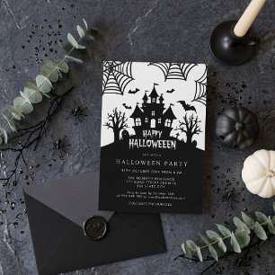 Invitation Maison Hantée Soirée Halloween Noir & Blanc