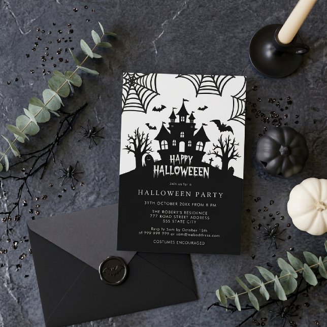 Invitation Maison Hantée Soirée Halloween Noir & Blanc Effray (Créateur téléchargé)