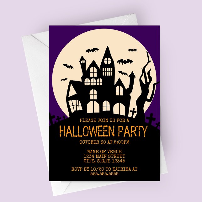 Invitation Maison hantée sur une colline Soirée Halloween (Haunted House on a Hill with Purple Sky Halloween Party Invitation)