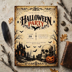 Invitation Maison Hantée Vintage et Soirée Halloween de Crâne