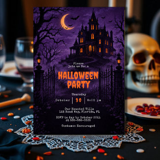 Invitation Maison Hantée Violet Fantôme Fête d'Halloween pour