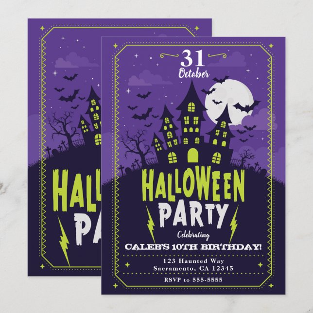 Invitation Maison hantée violette et verte Fête d'Halloween (Devant / Derrière)