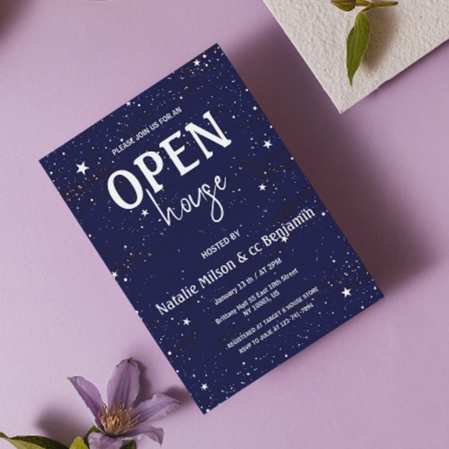 Invitation Maison moderne à ciel bleu avec des étoiles pour l (Modern Open House Navy Blue Stars Housewarming Invitation chic elegant sky stars holiday blue white )