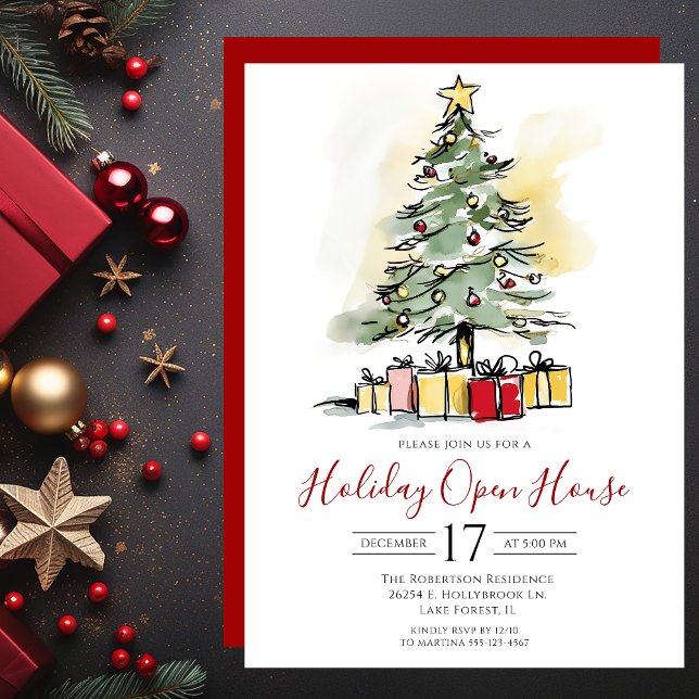 Invitation Maison ouverte à l'arbre de Noël moderne aquarelle (Créateur téléchargé)