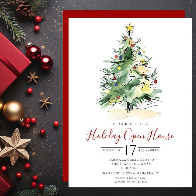 Invitation Maison ouverte arbre de Noël aquarelle commerciale (Créateur téléchargé)