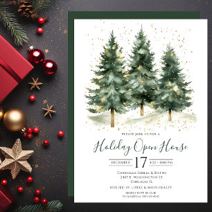Invitation Maison ouverte aux arbres de pin aquarelle d'affai