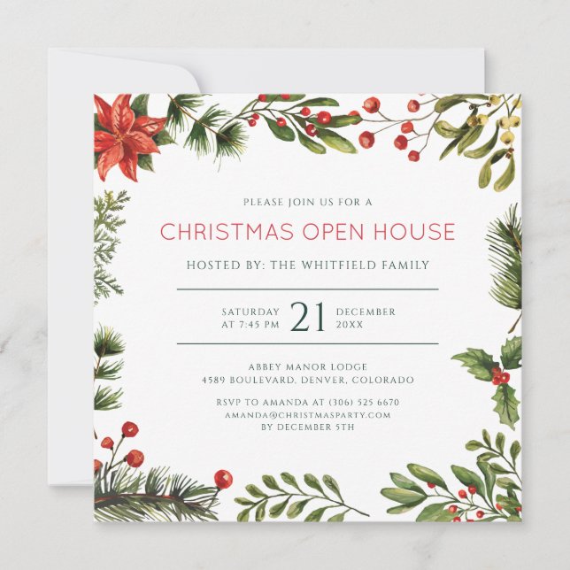 Invitation Maison ouverte de Noël à l'aquarelle Fête des Fête (Devant)