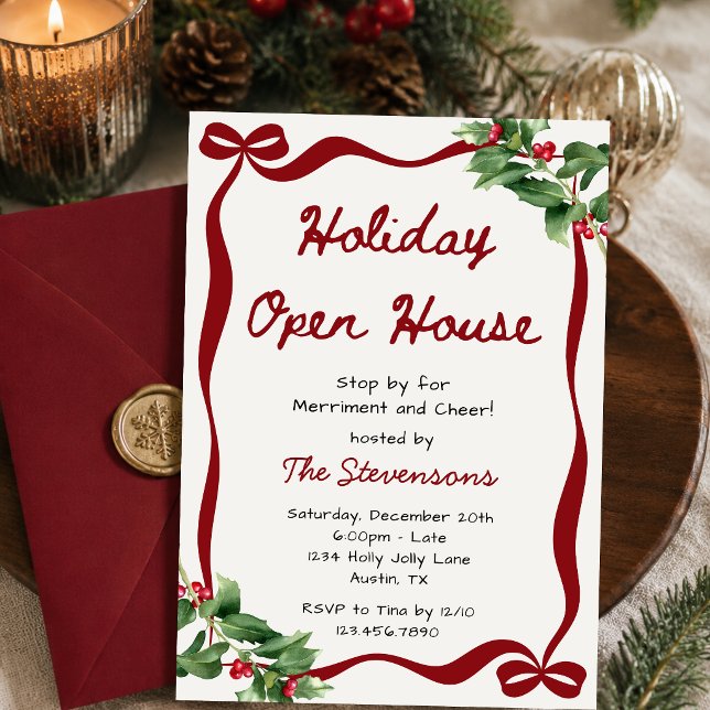 Invitation Maison Ouverte de Noël Arc en Ruban Rouge Coquette (Créateur téléchargé)