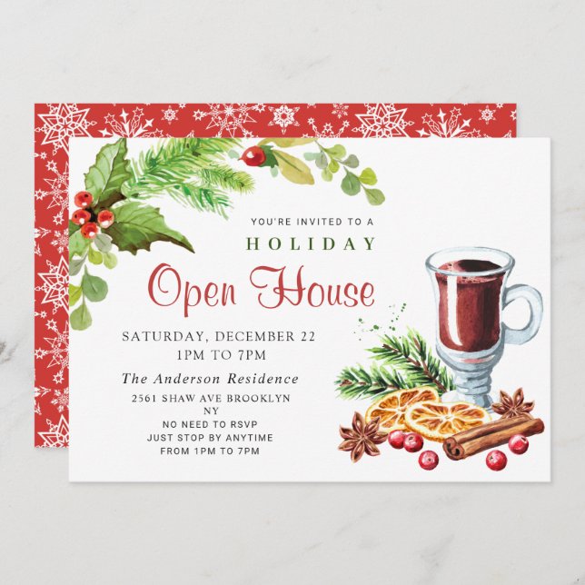 Invitation Maison Ouverte de Noël aux Baies de Houx Festives (Devant / Derrière)